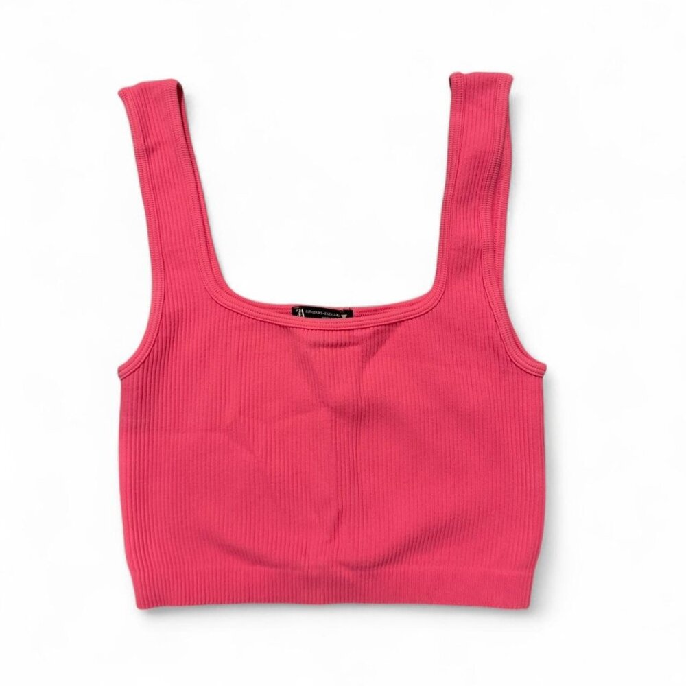 ZARA Neon pink ribbed crop top with square neckline